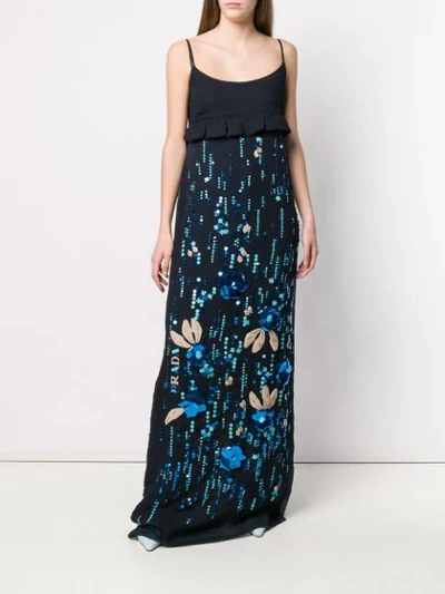 Shop Prada Floral Sequin Maxi Dress In Blue