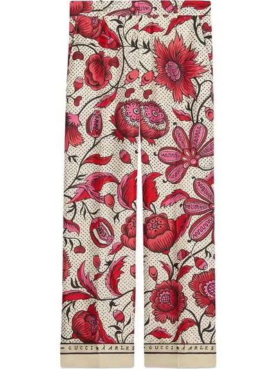 Shop Gucci Silk Pant With Watercolor Flowers In Neutrals