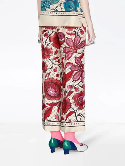 Shop Gucci Silk Pant With Watercolor Flowers In Neutrals