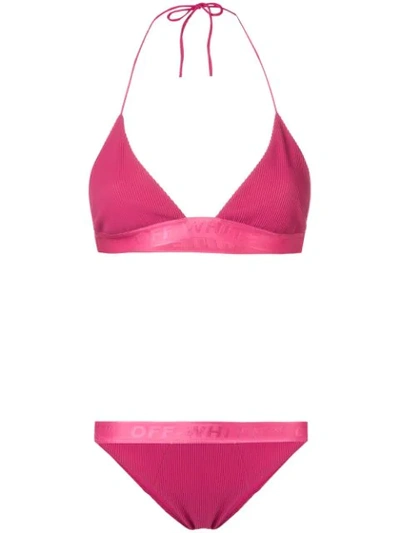 Shop Off-white Ribbed Bikini Set In Pink