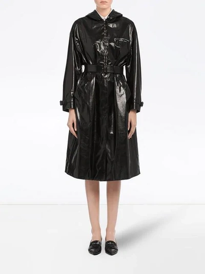 Shop Prada Hooded Leather Trench Coat In F0002 Black