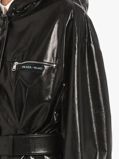 Shop Prada Hooded Leather Trench Coat In F0002 Black