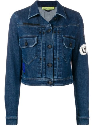 Shop Versace Jeans Logo Patch Cropped Jacket In Blue