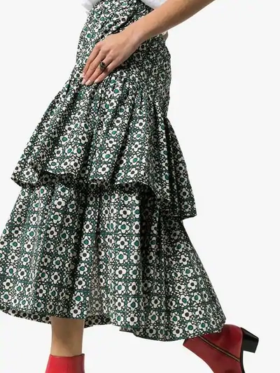 Shop Golden Goose Miranda Floral Check Tiered Midi Skirt In Green