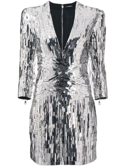 Shop Balmain Sequin Embellished Mini Dress In Silver