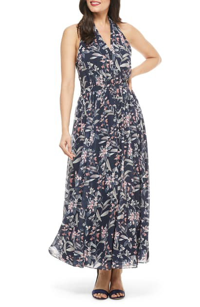 halterneck chiffon maxi dress navy