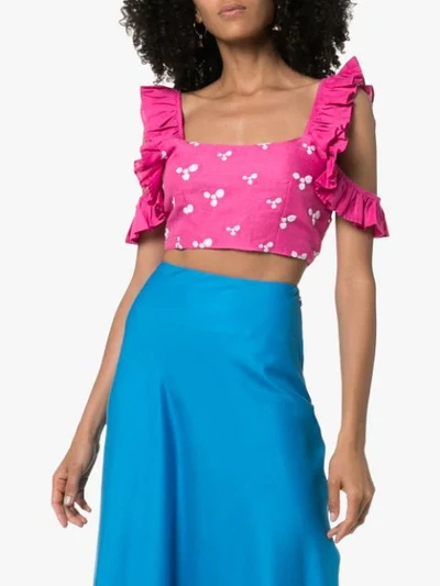 Shop All Things Mochi Coney Printed Ruffle Crop Top In Pink