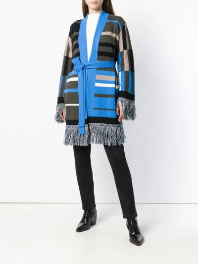Etro Belted Fringe-trimmed Intarsia-knit Cardigan In Brown