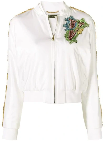 Shop Versace Embroidered Bomber Jacket In White