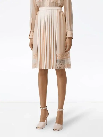 Shop Burberry Lace Detail Silk Panel Pleated Skirt In Pink