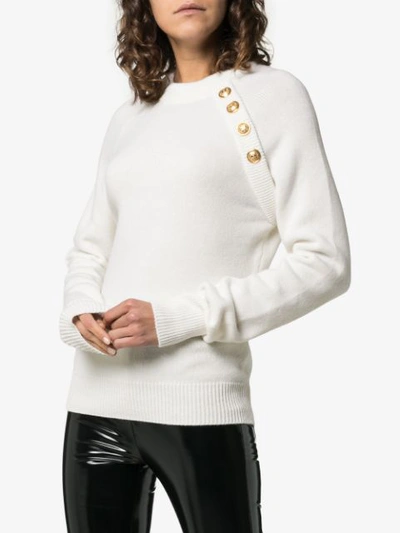 Shop Balmain Long-sleeved Knitted Cashmere Gold Button Sweater In White