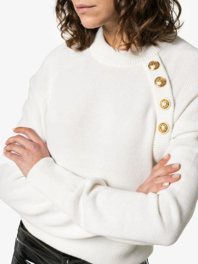 Shop Balmain Long-sleeved Knitted Cashmere Gold Button Sweater In White