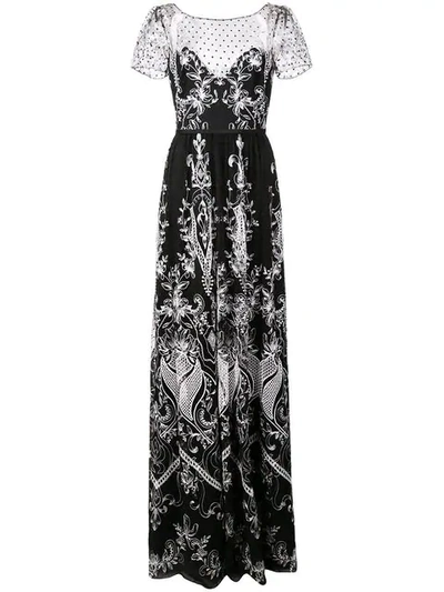 Shop Marchesa Notte Long Embroidered Dress In Black
