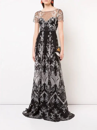 Shop Marchesa Notte Long Embroidered Dress In Black