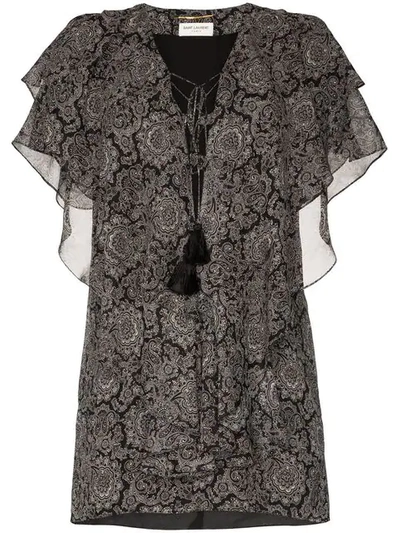 Shop Saint Laurent Paisley Print Ruffle Silk Mini Dress In Black