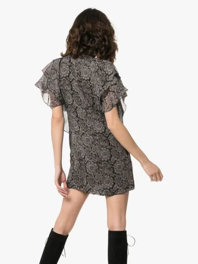 Shop Saint Laurent Paisley Print Ruffle Silk Mini Dress In Black