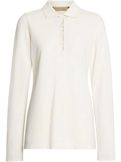 Shop Burberry Long-sleeve Check Placket Cotton Piqué Polo Shirt In White