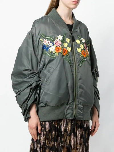 Shop Junya Watanabe Ruched Sleeve Embroidered Floral Bomber Jacket In Green