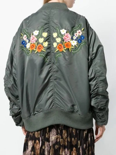 Shop Junya Watanabe Ruched Sleeve Embroidered Floral Bomber Jacket In Green