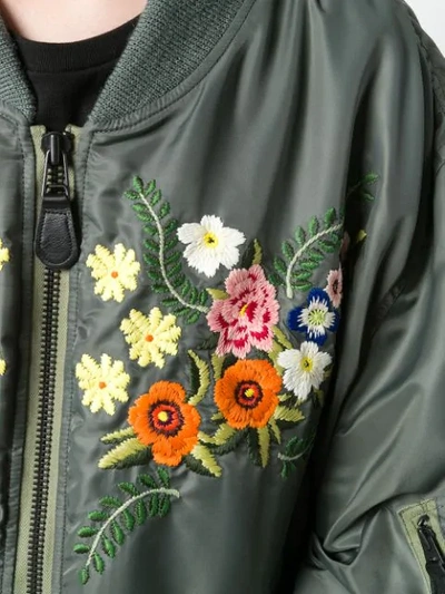 Shop Junya Watanabe Ruched Sleeve Embroidered Floral Bomber Jacket In Green