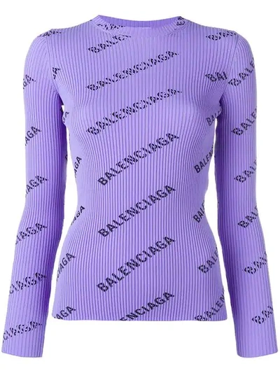 Shop Balenciaga Logo Ribbed Jumper In Purple