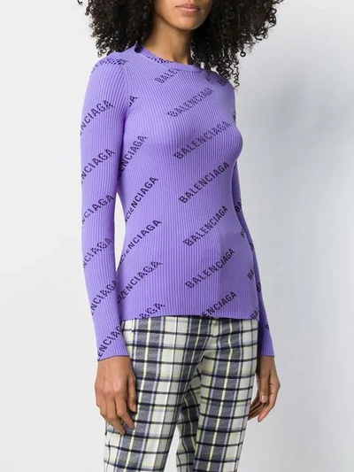 Shop Balenciaga Logo Ribbed Jumper In Purple