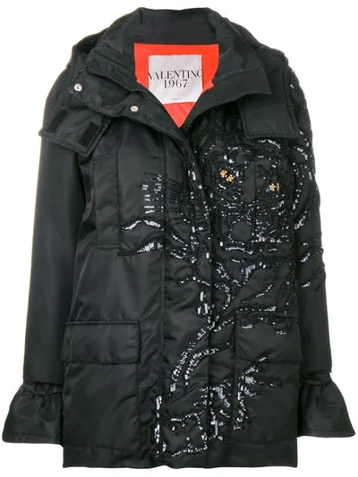 Shop Valentino Embellished Tiger Padded Jacket In Black