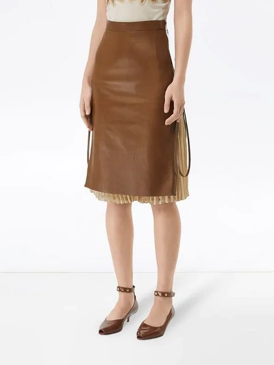 Shop Burberry Double Zip Lambskin Skirt In Brown