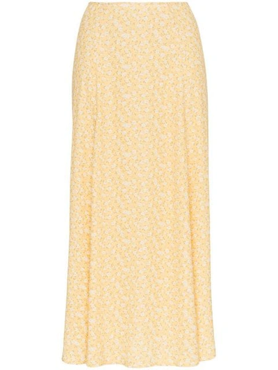 Shop Reformation High Rise Floral Print Midi Skirt In Yellow