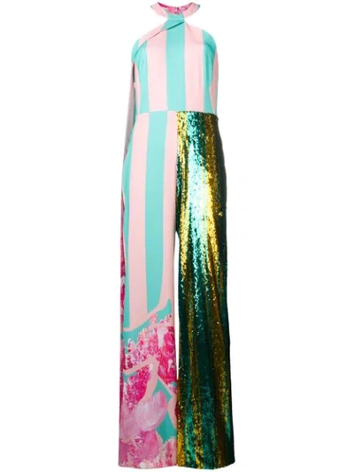 Shop Halpern Striped Sequinned Halterneck Jumpsuit In Pink