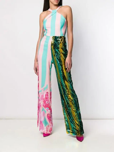 Shop Halpern Striped Sequinned Halterneck Jumpsuit In Pink