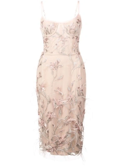 MARCHESA NOTTE FEATHER EMBROIDERED SLEEVELESS DRESS - 粉色