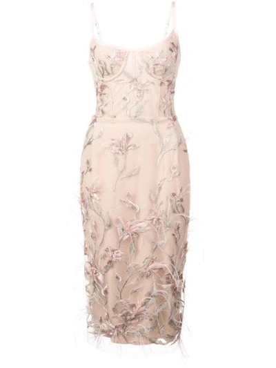 Shop Marchesa Notte Feather Embroidered Sleeveless Dress In Pink