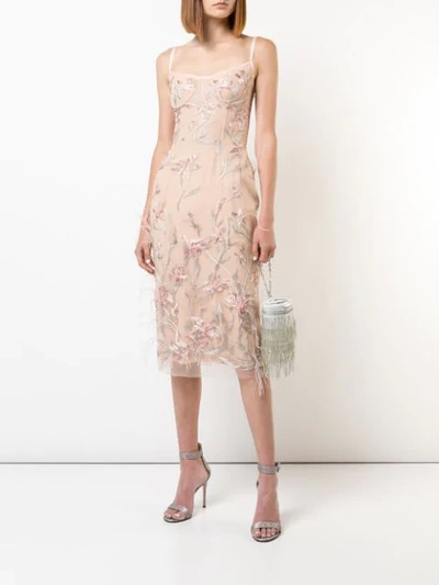 MARCHESA NOTTE FEATHER EMBROIDERED SLEEVELESS DRESS - 粉色
