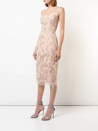 Shop Marchesa Notte Feather Embroidered Sleeveless Dress In Pink