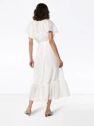 JOSEPH EVA V-NECK TIE WAIST RUFFLE SLEEVES DROPPED HEM SILK DRESS - 白色