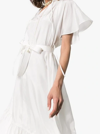 JOSEPH EVA V-NECK TIE WAIST RUFFLE SLEEVES DROPPED HEM SILK DRESS - 白色