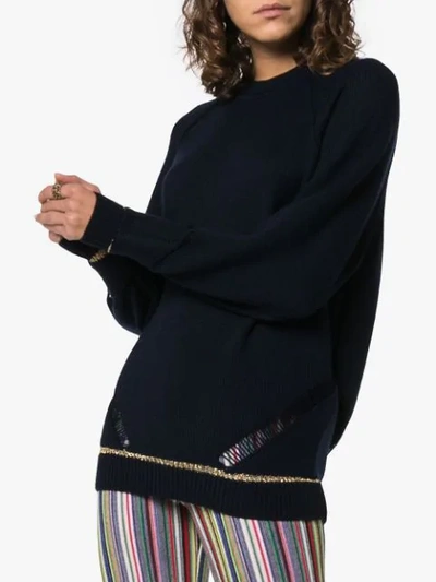 Shop See By Chloé Distressed Lurex Stripe Wool Blend Jumper In Blue