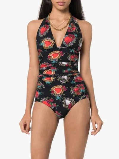 Shop Dolce & Gabbana Scared Heart Print Swimsuit In Black