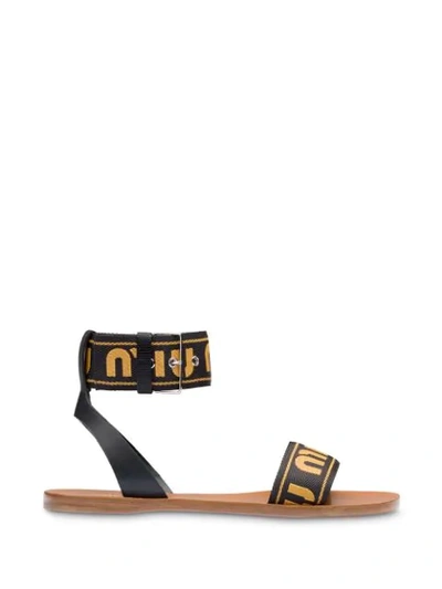 Shop Miu Miu Logo Strap Sandals - Black