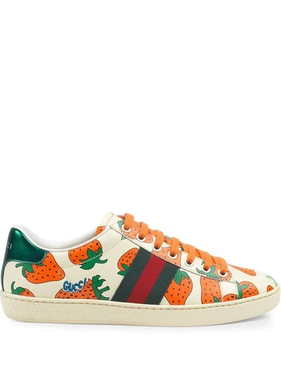 Shop Gucci Ace Leather Sneaker With  Strawberry Print In White
