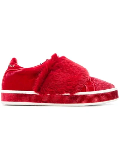 Shop Philipp Plein Embellished Velvet Low Top Sneakers - Red