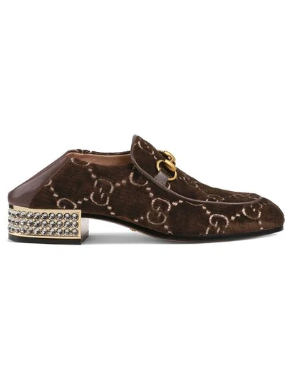 Shop Gucci Horsebit Gg Velvet Loafer With Crystals In Brown