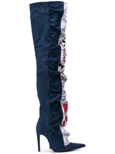 Shop Diesel Red Tag Thigh High Logo Boots In Blue