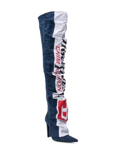 Shop Diesel Red Tag Thigh High Logo Boots In Blue