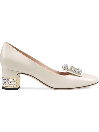 Shop Gucci Leather Mid-heel Pump With Crystal G In White