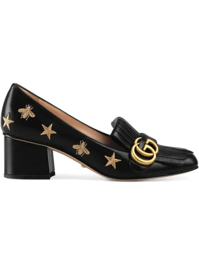 Shop Gucci Embroidered Leather Mid-heel Pump In Black