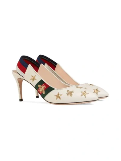 Shop Gucci Embroidered Leather Web Slingback Pump In White