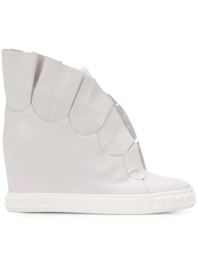 Shop Casadei Maleficent Ruffle-trimmed Wedge Sneakers - White