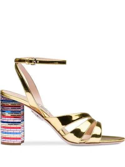 Shop Miu Miu Metallic Leather Sandals With Mosaic Heel In Gold